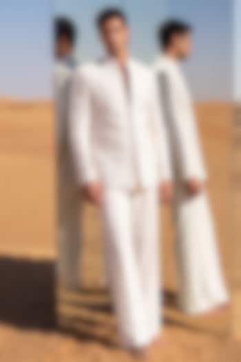Ivory Knit Embroidered Groom Indowestern Set by AMIT ARORA at Pernia's Pop Up Shop