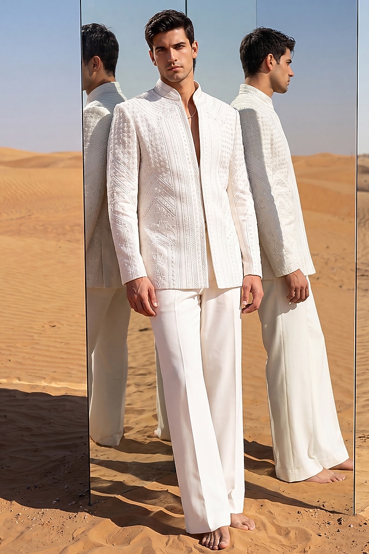 Ivory Knit Embroidered Groom Indowestern Set by AMIT ARORA at Pernia's Pop Up Shop