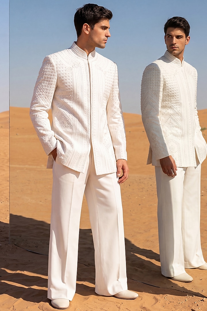 Ivory Knit Embroidered Groom Indowestern Set by AMIT ARORA at Pernia's Pop Up Shop
