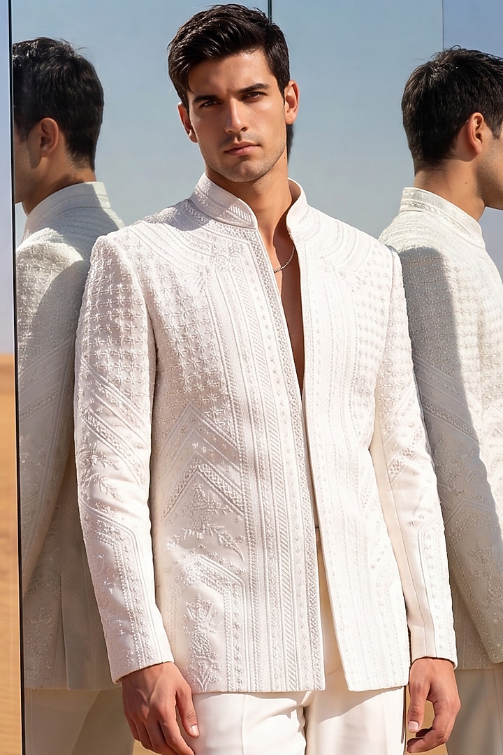 Ivory Knit Embroidered Groom Indowestern Set by AMIT ARORA at Pernia's Pop Up Shop