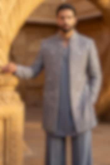 Grey Linen Rayon Embroidered Groom Indowestern Set by AMIT ARORA at Pernia's Pop Up Shop