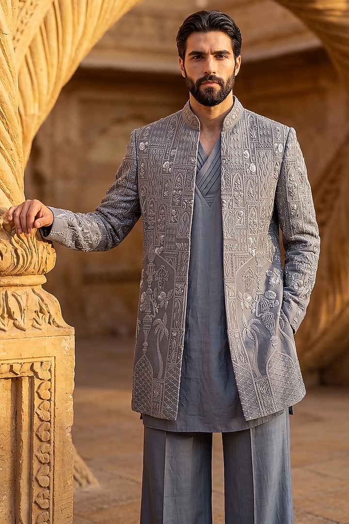 Grey Linen Rayon Embroidered Groom Indowestern Set by AMIT ARORA at Pernia's Pop Up Shop