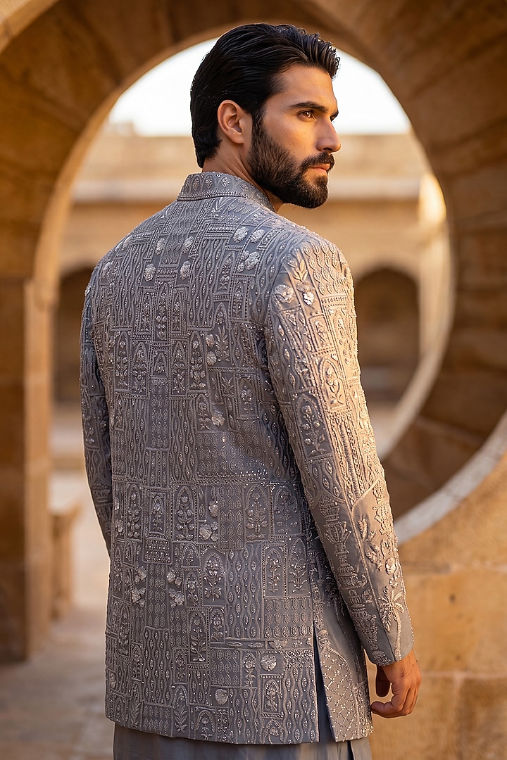Grey Linen Rayon Embroidered Groom Indowestern Set by AMIT ARORA at Pernia's Pop Up Shop