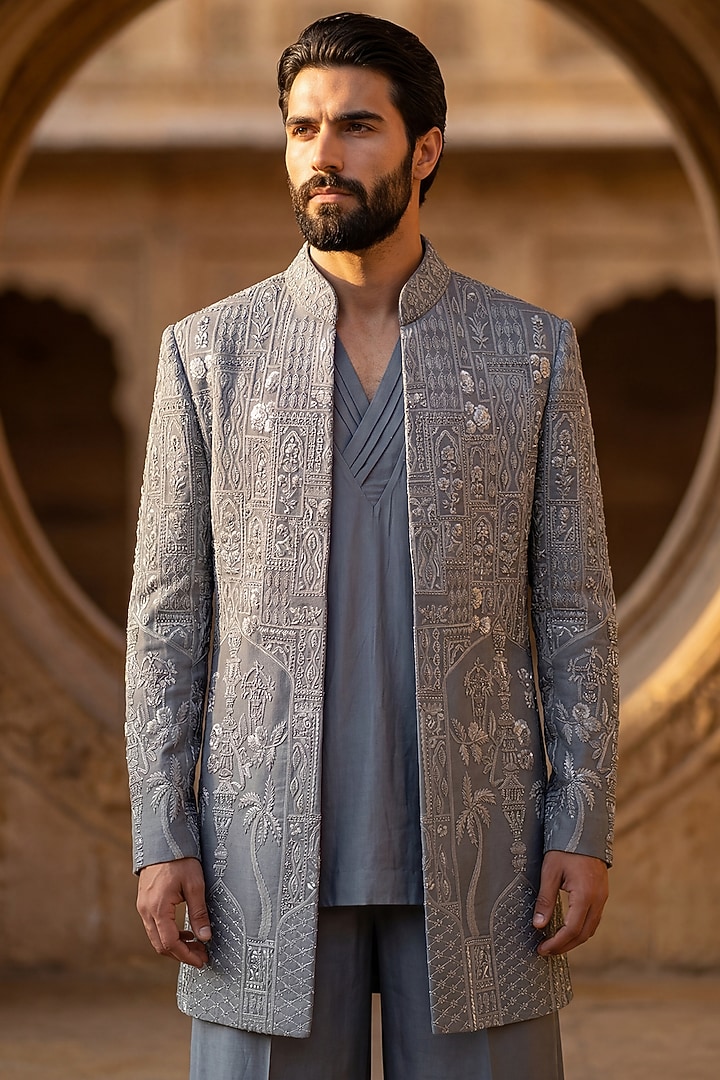 Grey Linen Rayon Embroidered Groom Indowestern Set by AMIT ARORA at Pernia's Pop Up Shop