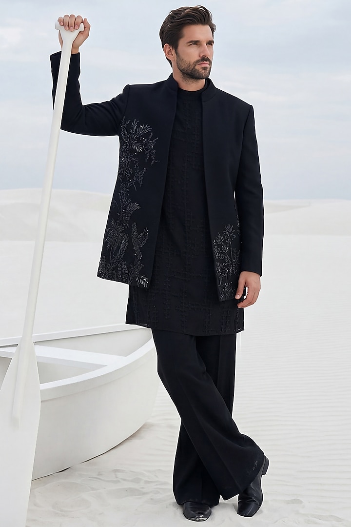 Black Crochet Inowestern Set by AMIT ARORA at Pernia's Pop Up Shop
