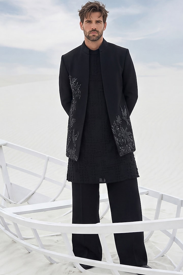 Black Crochet Inowestern Set by AMIT ARORA at Pernia's Pop Up Shop