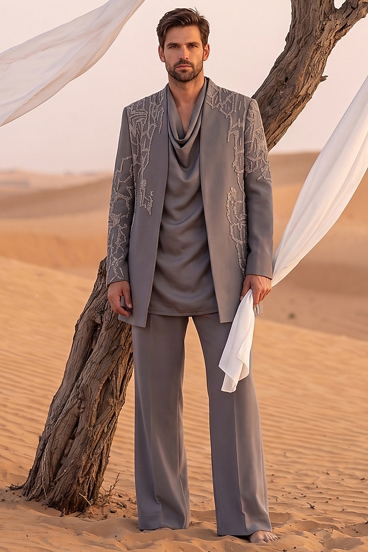 Dark Grey Knit Embroidered Groom Indowestern Set by AMIT ARORA at Pernia's Pop Up Shop