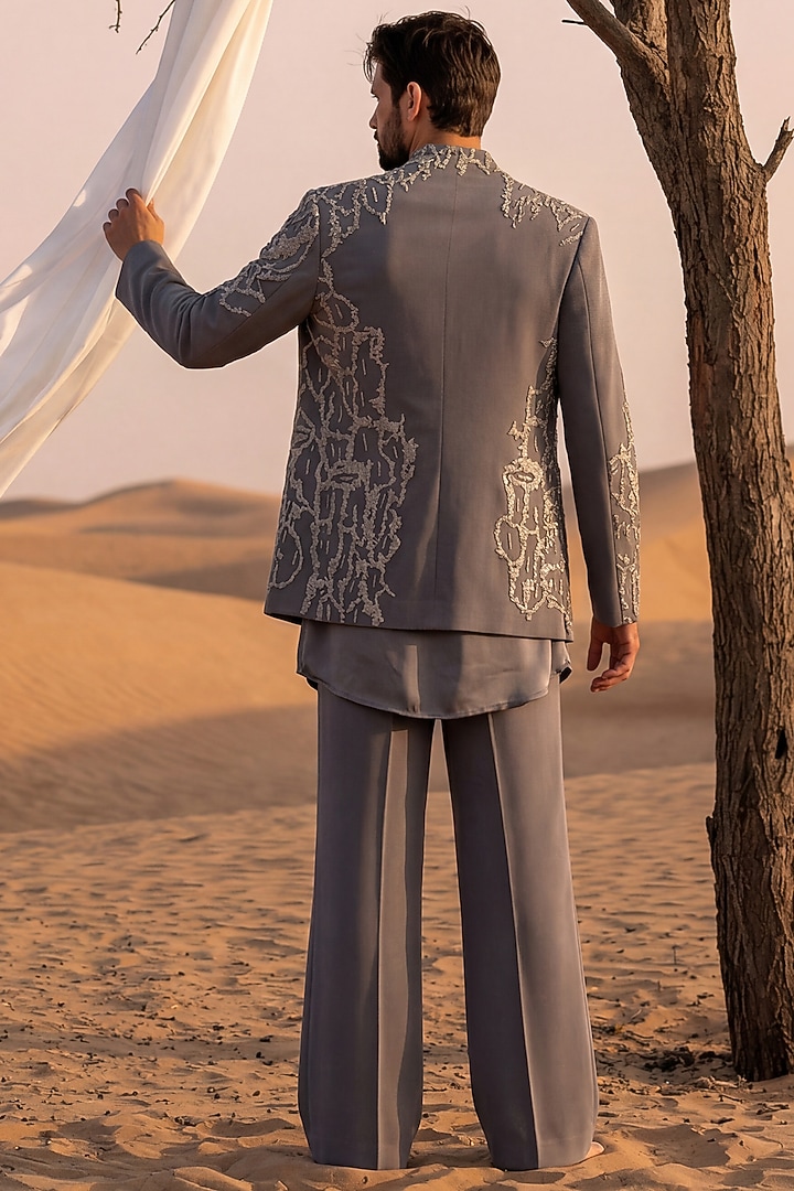 Dark Grey Knit Embroidered Groom Indowestern Set by AMIT ARORA at Pernia's Pop Up Shop