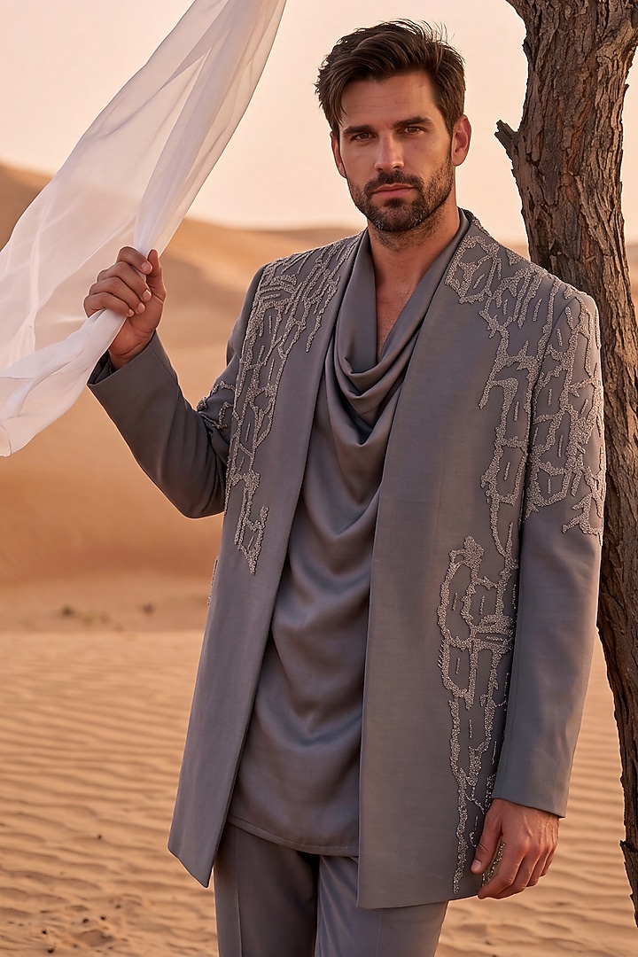 Dark Grey Knit Embroidered Groom Indowestern Set by AMIT ARORA at Pernia's Pop Up Shop