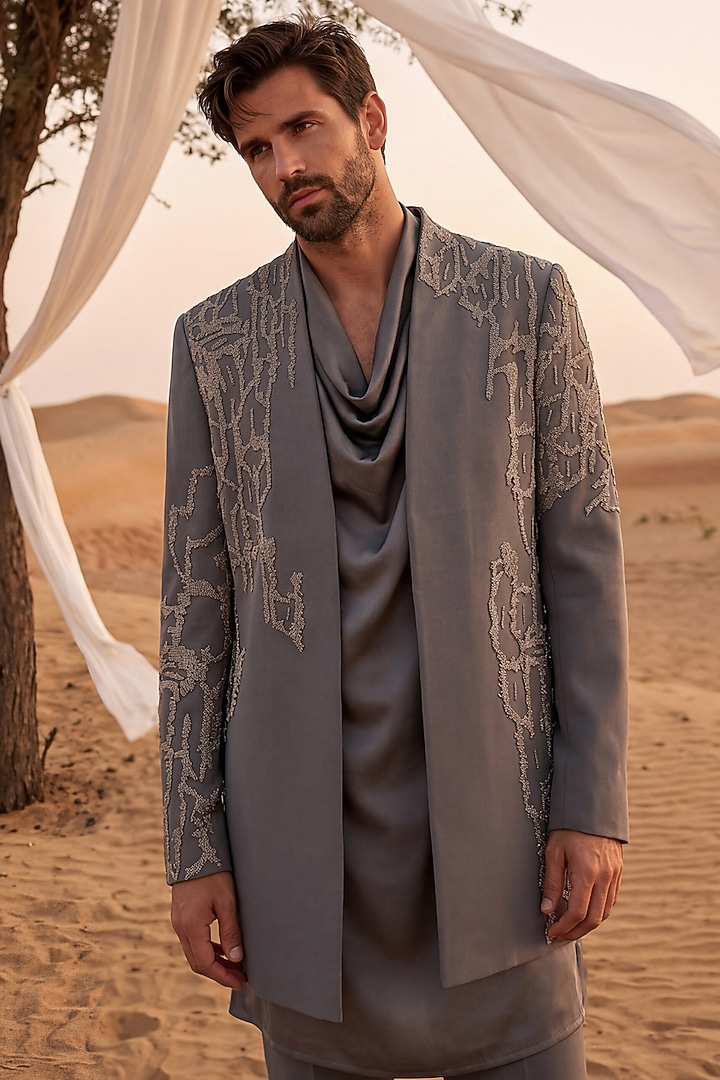 Dark Grey Knit Embroidered Groom Indowestern Set by AMIT ARORA at Pernia's Pop Up Shop