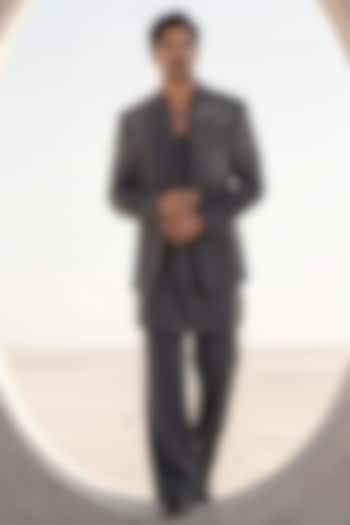 Dark Grey Knit Embroidered Groom Indowestern Set by AMIT ARORA at Pernia's Pop Up Shop