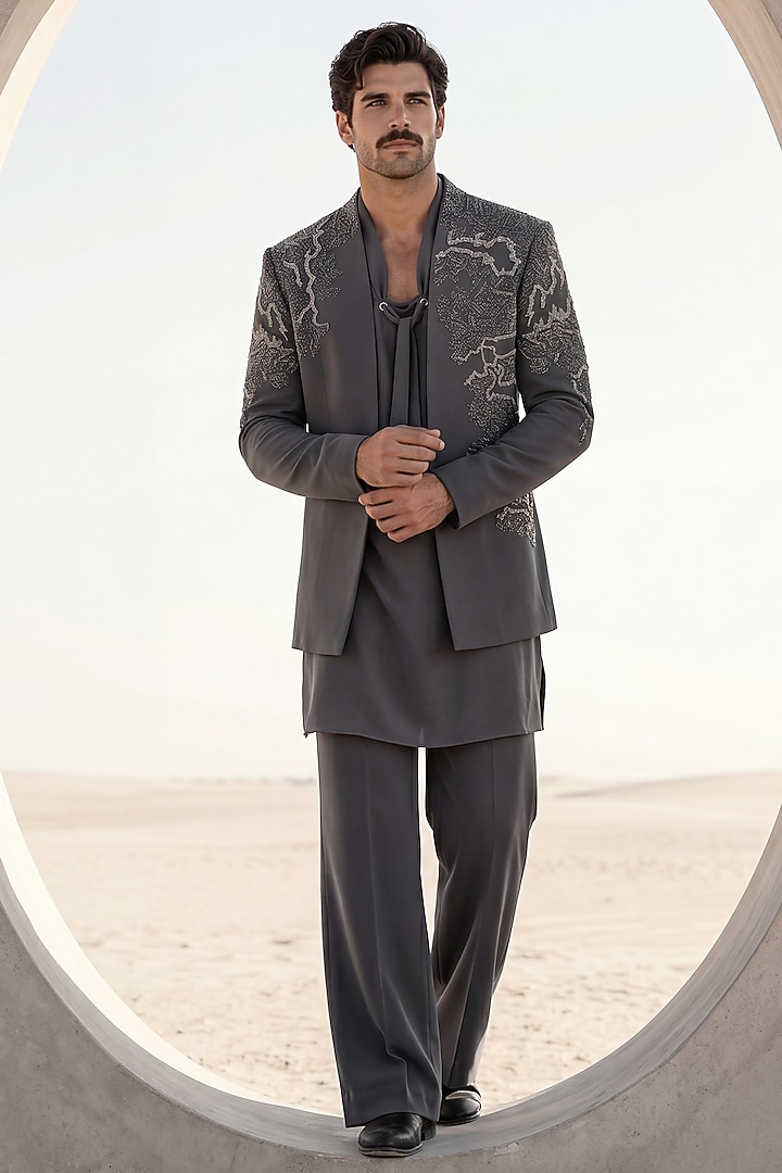 Dark Grey Knit Embroidered Groom Indowestern Set by AMIT ARORA at Pernia's Pop Up Shop