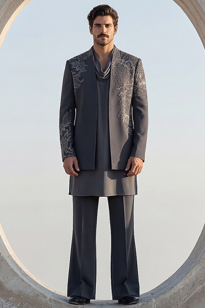 Dark Grey Knit Embroidered Groom Indowestern Set by AMIT ARORA at Pernia's Pop Up Shop