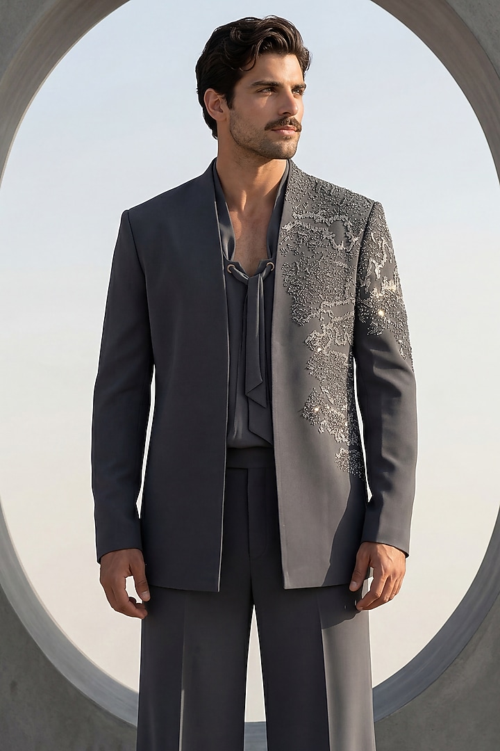 Dark Grey Knit Embroidered Groom Indowestern Set by AMIT ARORA at Pernia's Pop Up Shop
