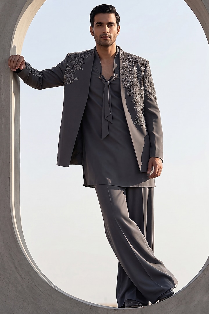 Dark Grey Knit Embroidered Groom Indowestern Set by AMIT ARORA at Pernia's Pop Up Shop
