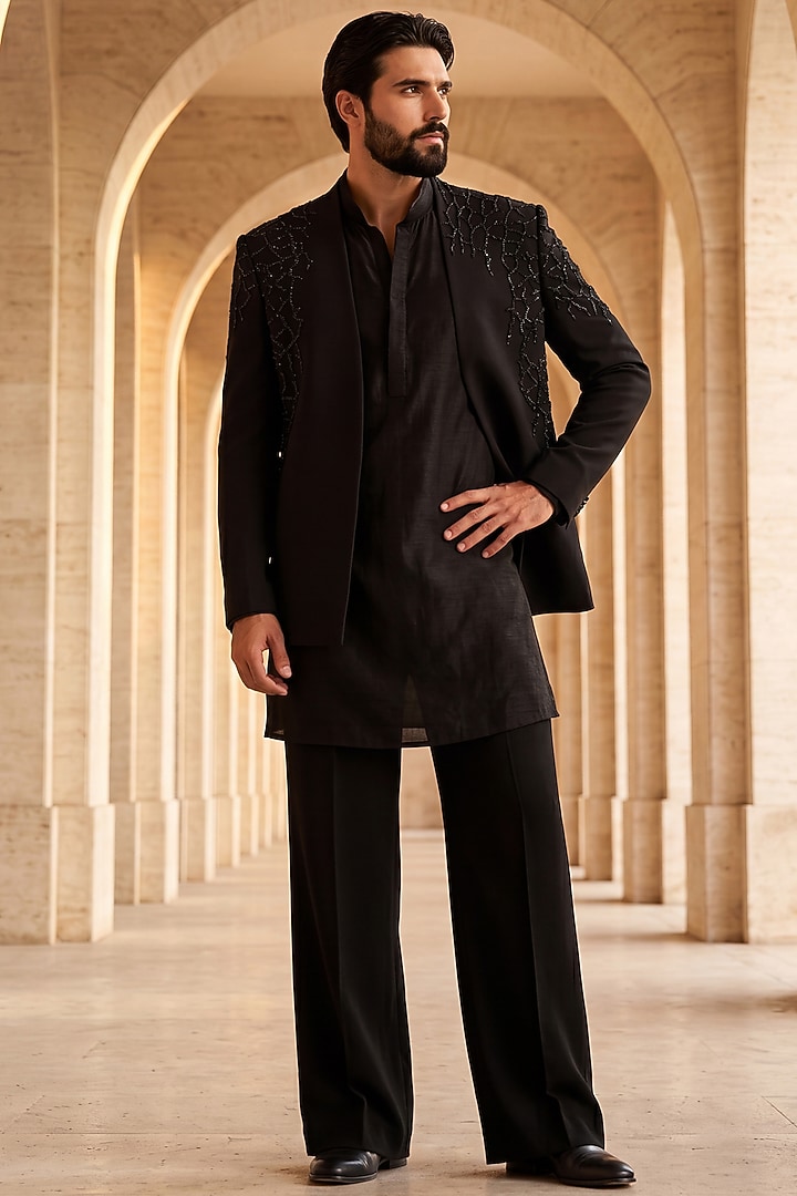 Dark Grey Knit Wedding Indowestern Set by AMIT ARORA at Pernia's Pop Up Shop