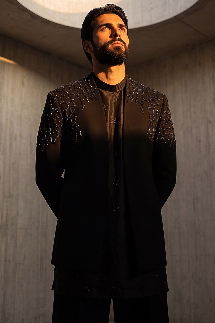 Dark Grey Knit Wedding Indowestern Set by AMIT ARORA at Pernia's Pop Up Shop