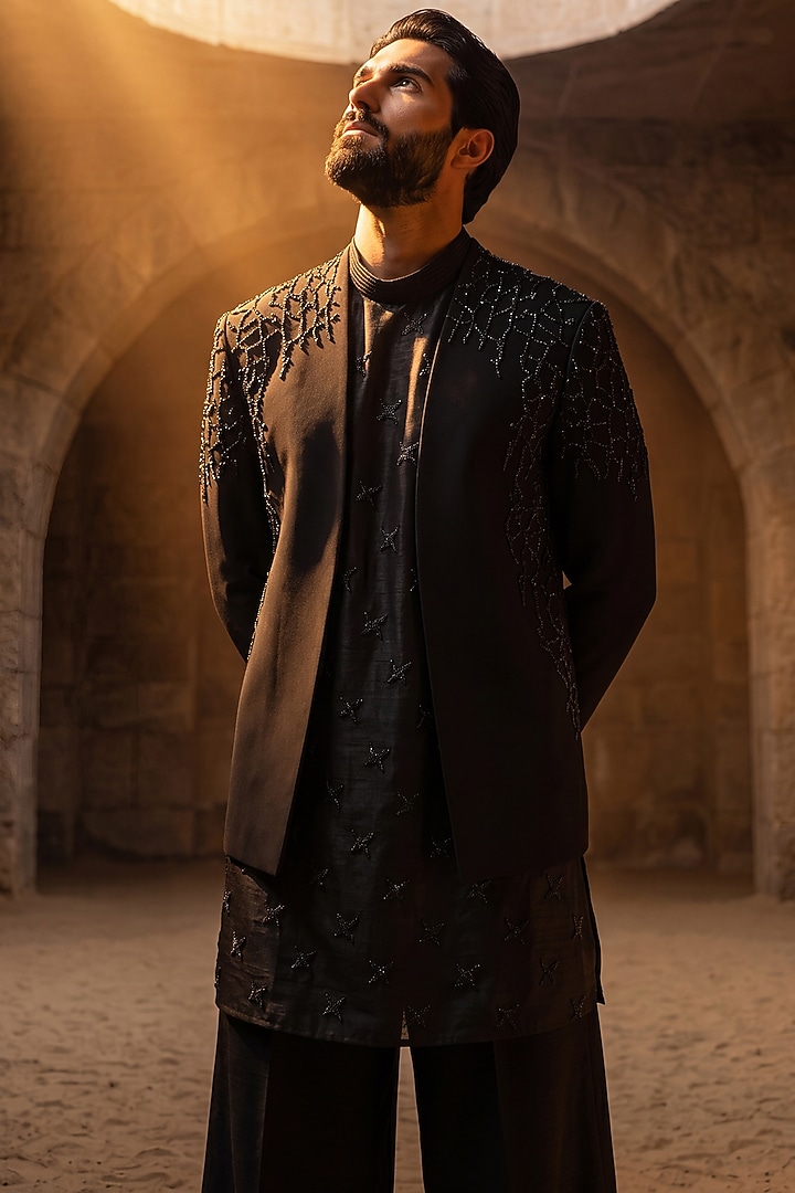Dark Grey Knit Wedding Indowestern Set by AMIT ARORA at Pernia's Pop Up Shop
