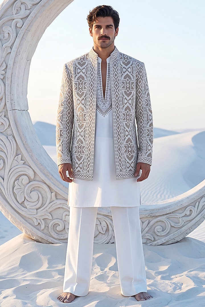 Khaki Tissue Silk Hand Embroidered Wedding Indowestern Set by AMIT ARORA at Pernia's Pop Up Shop