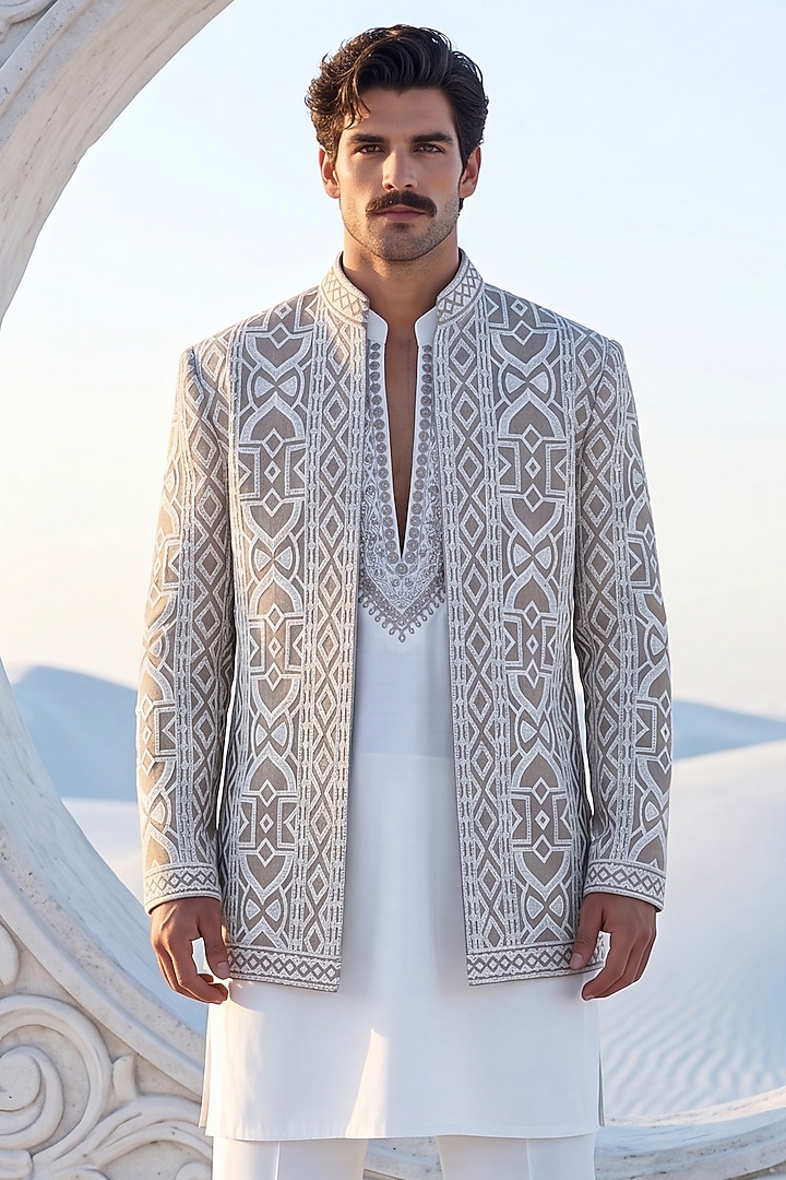 Khaki Tissue Silk Hand Embroidered Wedding Indowestern Set by AMIT ARORA at Pernia's Pop Up Shop