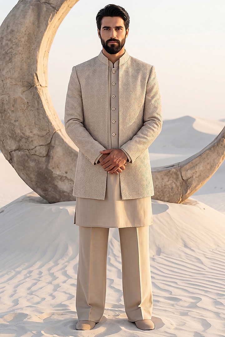 Beige Banarasi Silk Groom Indowestern Set by AMIT ARORA at Pernia's Pop Up Shop