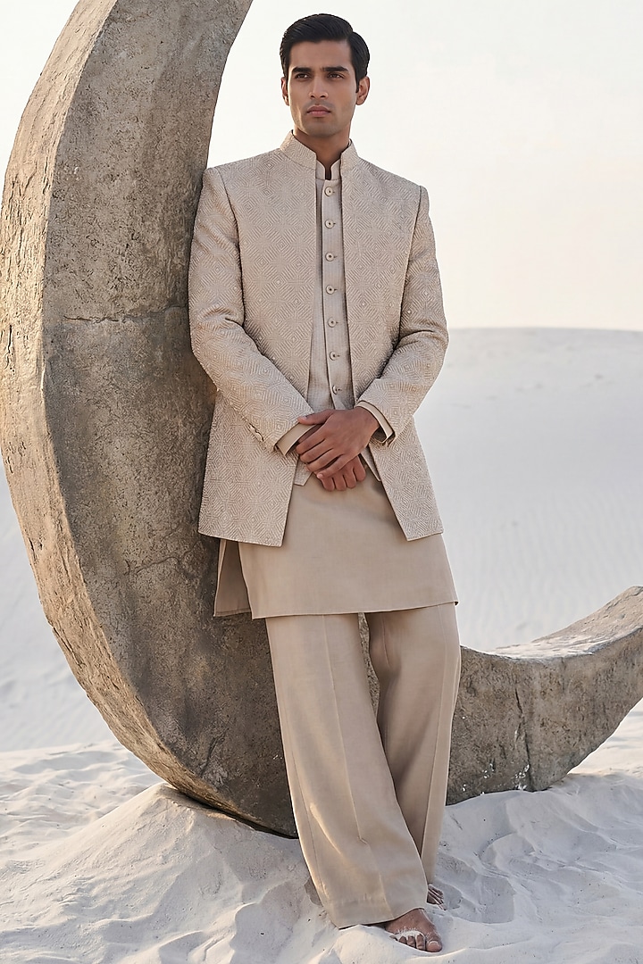 Beige Banarasi Silk Groom Indowestern Set by AMIT ARORA at Pernia's Pop Up Shop