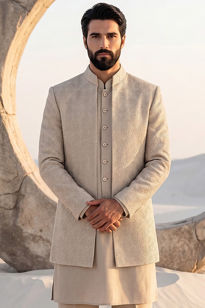Beige Banarasi Silk Groom Indowestern Set by AMIT ARORA at Pernia's Pop Up Shop