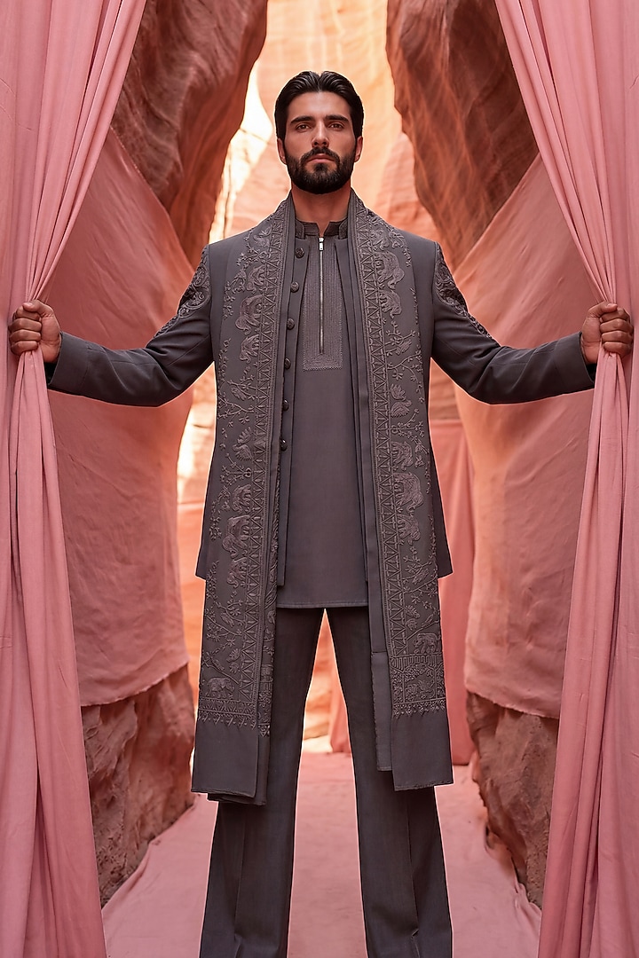 Dark Grey Knit Kurta Set by AMIT ARORA at Pernia's Pop Up Shop