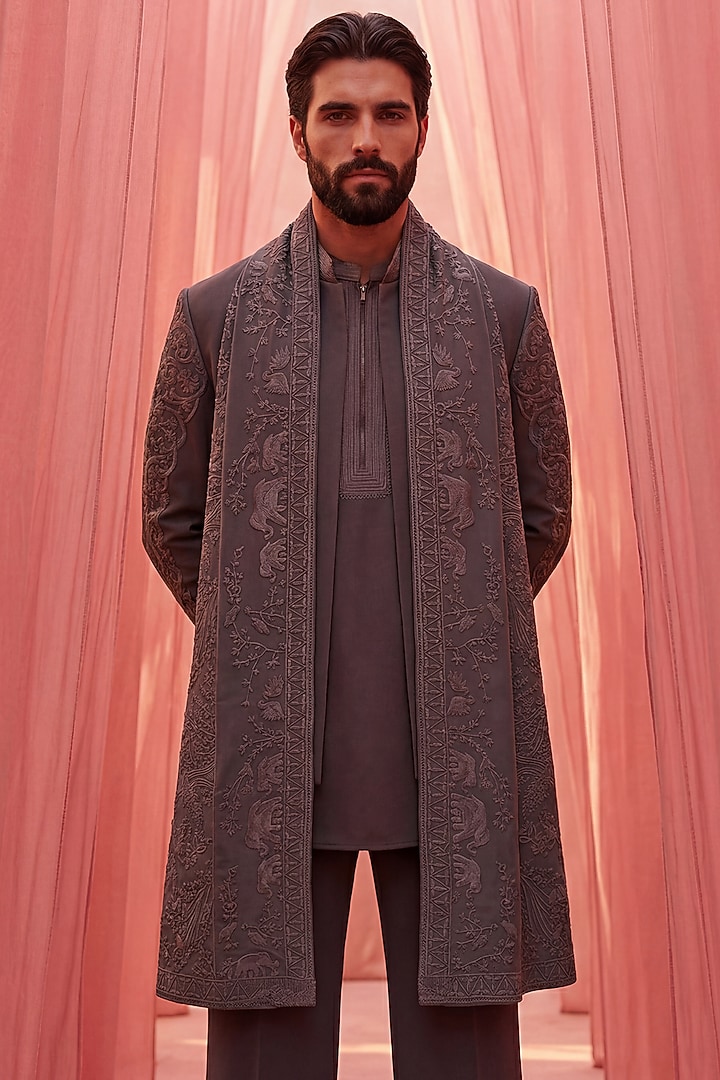 Dark Grey Knit Kurta Set by AMIT ARORA at Pernia's Pop Up Shop