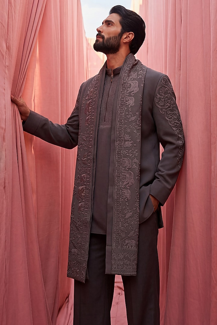 Dark Grey Knit Kurta Set by AMIT ARORA at Pernia's Pop Up Shop