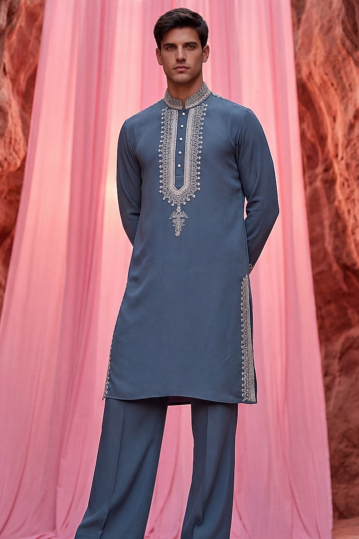 Dark Turquoise Knit Embroidered Kurta Set by AMIT ARORA at Pernia's Pop Up Shop