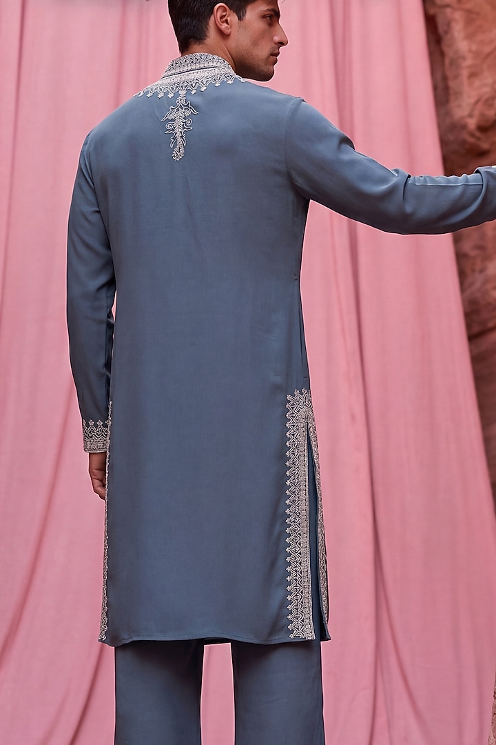 Dark Turquoise Knit Embroidered Kurta Set by AMIT ARORA at Pernia's Pop Up Shop