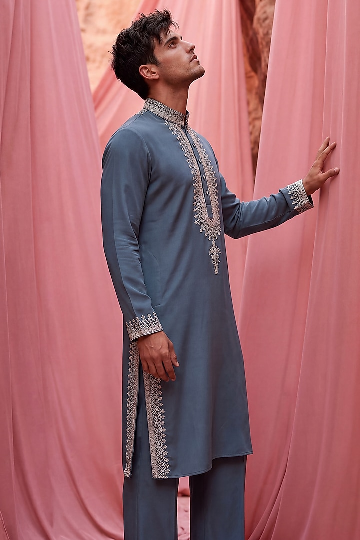 Dark Turquoise Knit Embroidered Kurta Set by AMIT ARORA at Pernia's Pop Up Shop