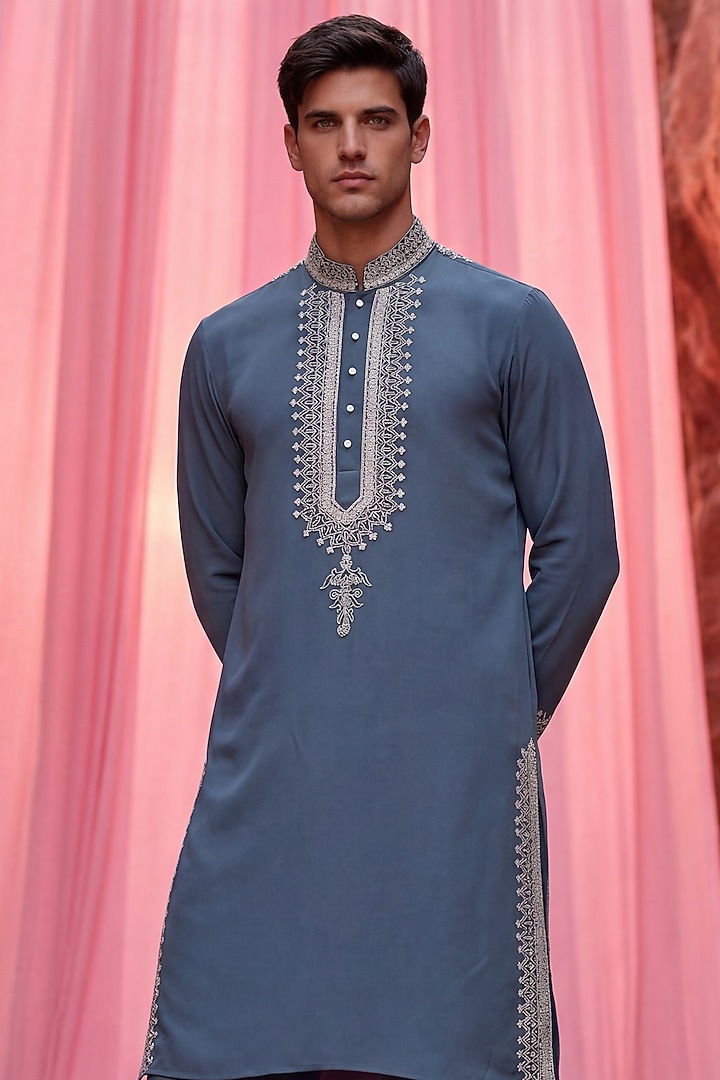 Dark Turquoise Knit Embroidered Kurta Set by AMIT ARORA at Pernia's Pop Up Shop