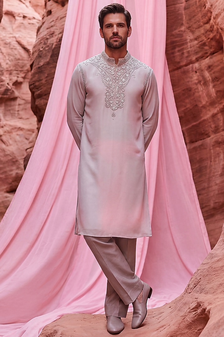 Beige Knit Hand Embroidered Kurta Set by AMIT ARORA at Pernia's Pop Up Shop