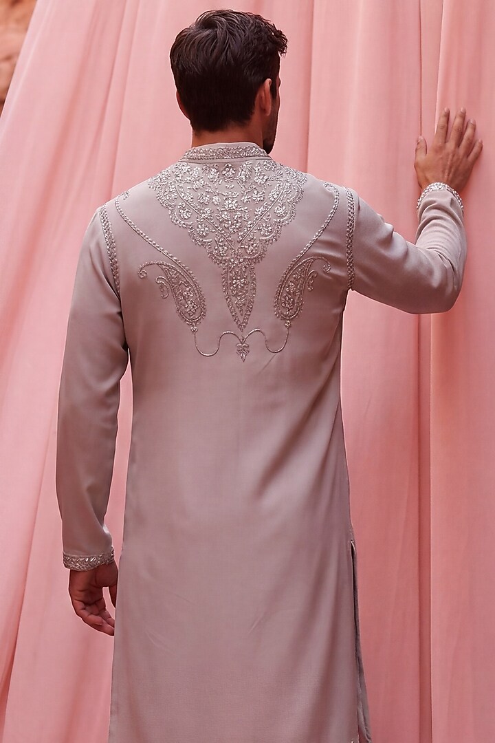 Beige Knit Hand Embroidered Kurta Set by AMIT ARORA at Pernia's Pop Up Shop