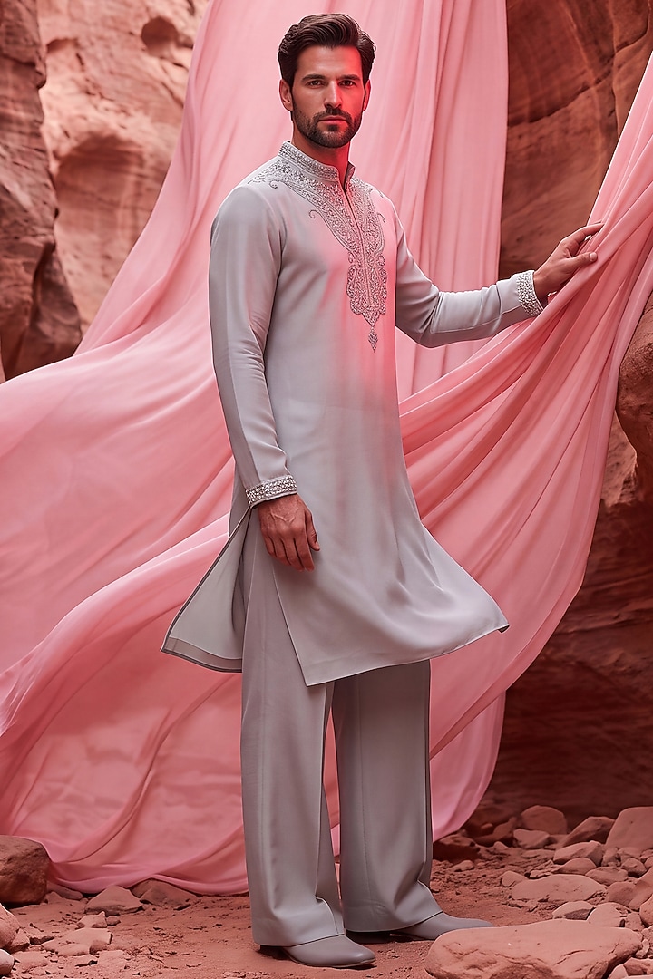 Beige Knit Hand Embroidered Kurta Set by AMIT ARORA at Pernia's Pop Up Shop