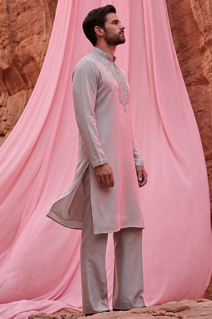 Beige Knit Hand Embroidered Kurta Set by AMIT ARORA at Pernia's Pop Up Shop