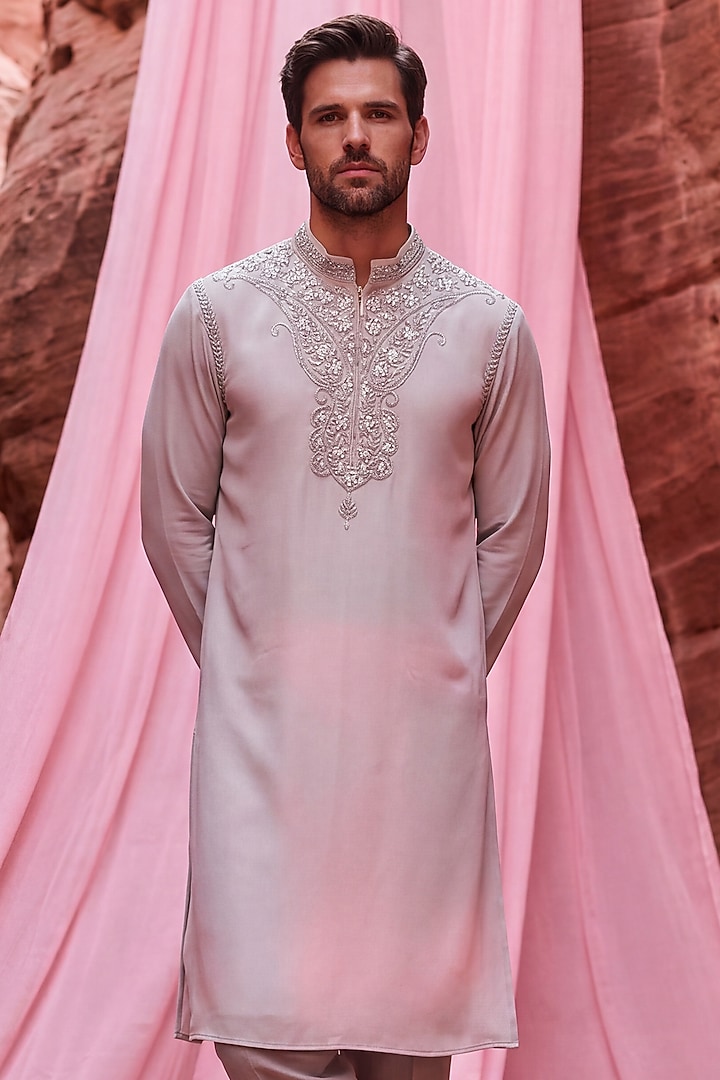 Beige Knit Hand Embroidered Kurta Set by AMIT ARORA at Pernia's Pop Up Shop