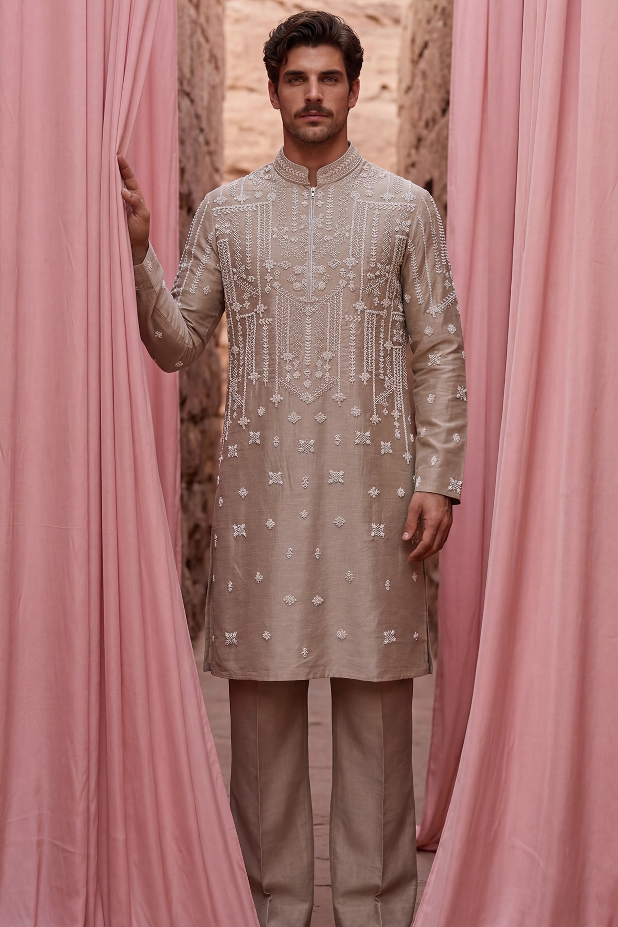 AMIT ARORA Beige Chanderi Silk Embroidered Kurta Set