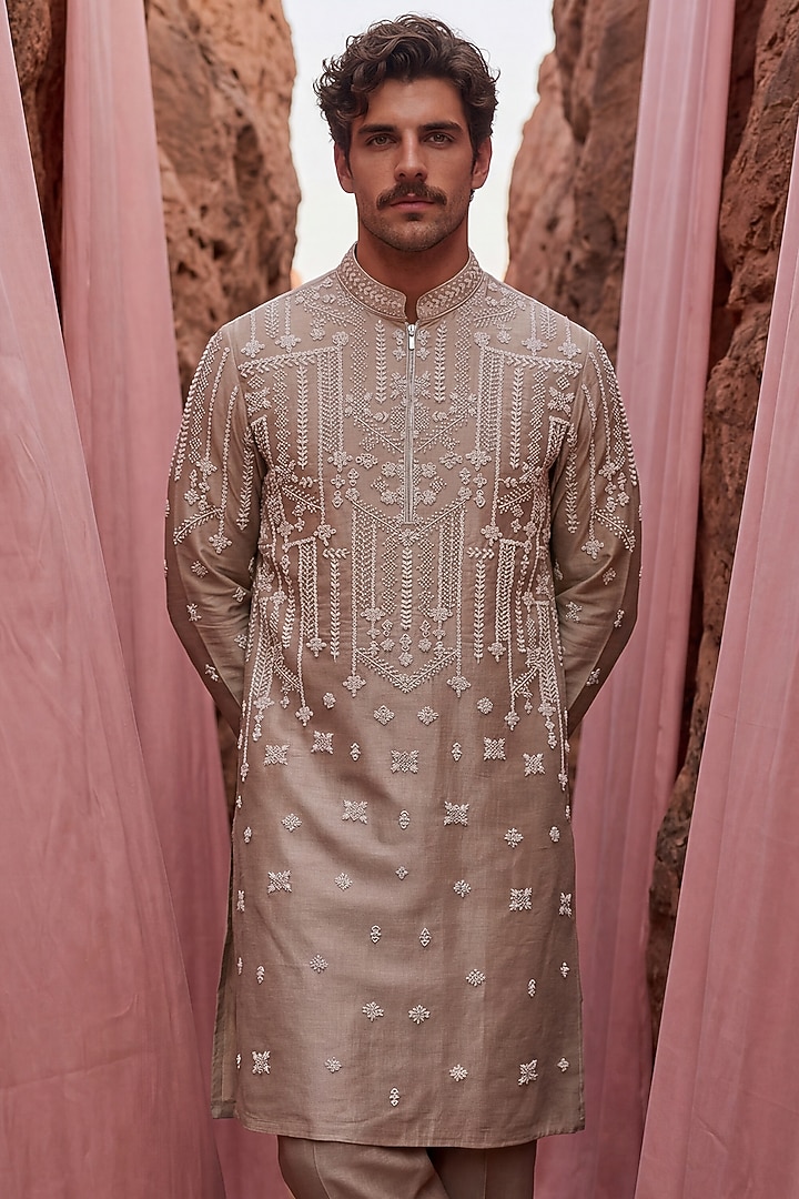 Beige Chanderi Silk Embroidered Kurta Set by AMIT ARORA at Pernia's Pop Up Shop