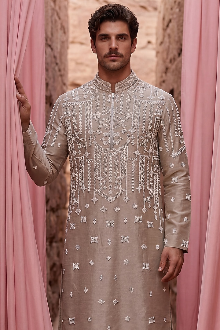 Beige Chanderi Silk Embroidered Kurta Set by AMIT ARORA at Pernia's Pop Up Shop