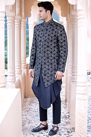 Navy Blue Banarasi Silk Mukaish Hand Embroidered Indowestern Set by AMIT ARORA