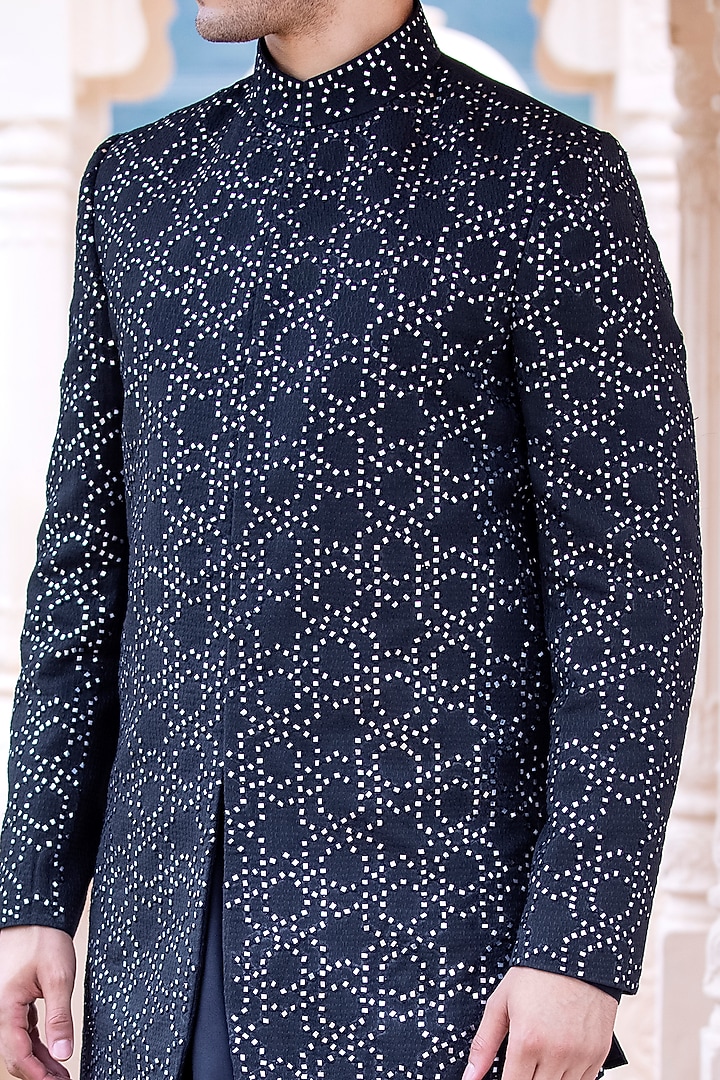 Navy Blue Banarasi Silk Mukaish Hand Embroidered Groom Indowestern Set by AMIT ARORA at Pernia's Pop Up Shop
