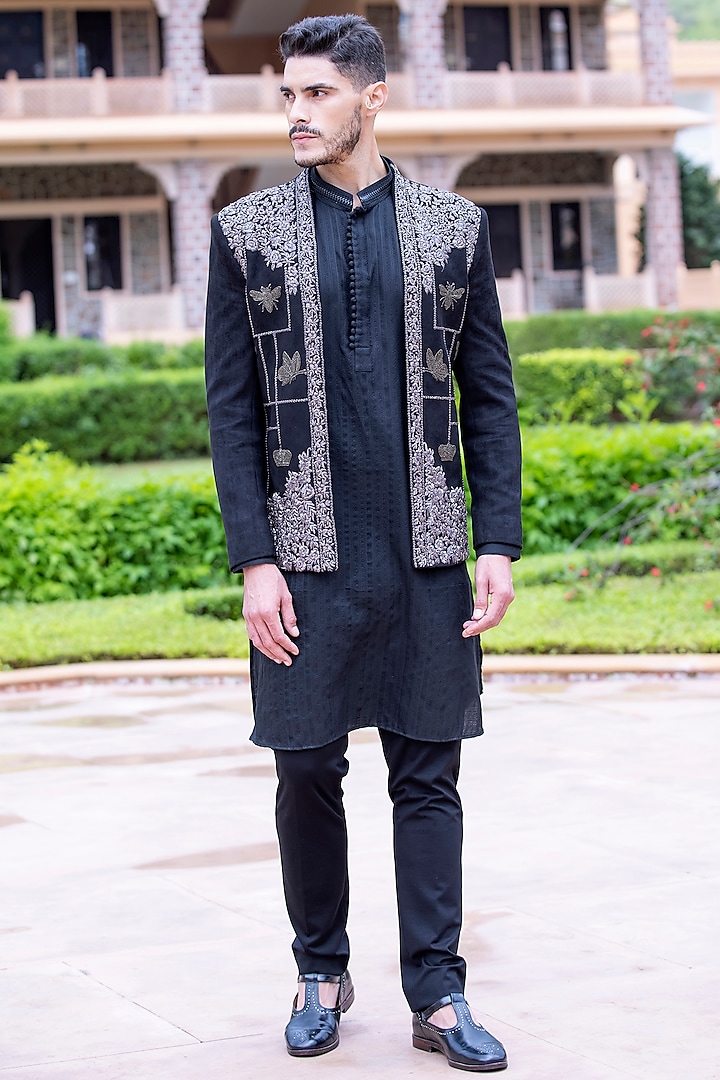 Black Suede Embroidered Indo-Western Set by AMIT ARORA