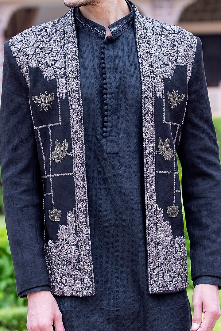 Black Suede Hand Embroidered Wedding Indowestern Set by AMIT ARORA at Pernia's Pop Up Shop