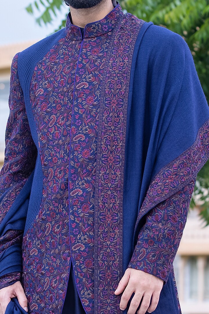 Navy Blue Suede Aari Embroidered Groom Indowestern Set by AMIT ARORA at Pernia's Pop Up Shop