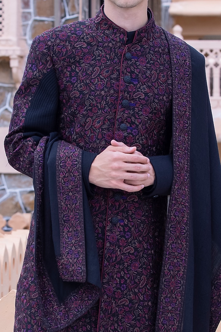 Black Suede Aari Embroidered Groom Sherwani Set by AMIT ARORA at Pernia's Pop Up Shop
