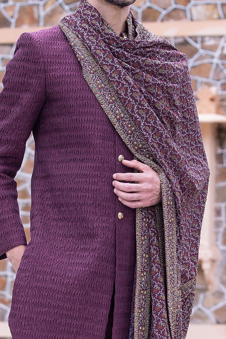 Maroon Banarasi Silk Groom Sherwani Set by AMIT ARORA at Pernia's Pop Up Shop