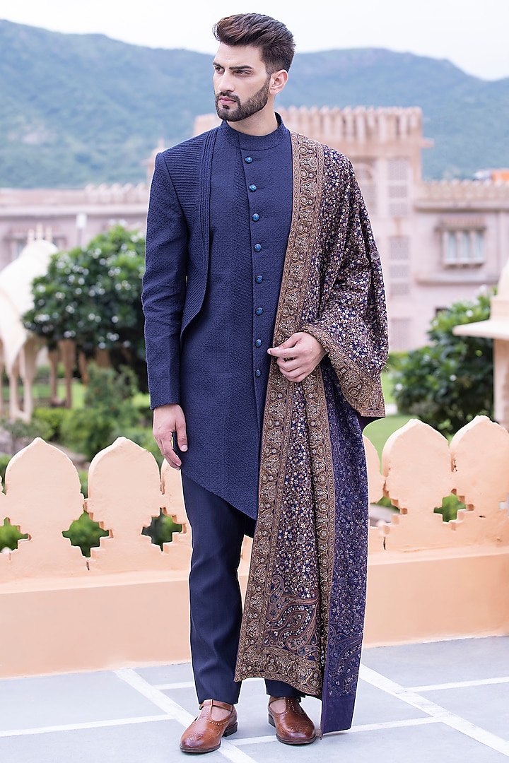 Navy Blue Banarasi Silk Indo-Western Set by AMIT ARORA